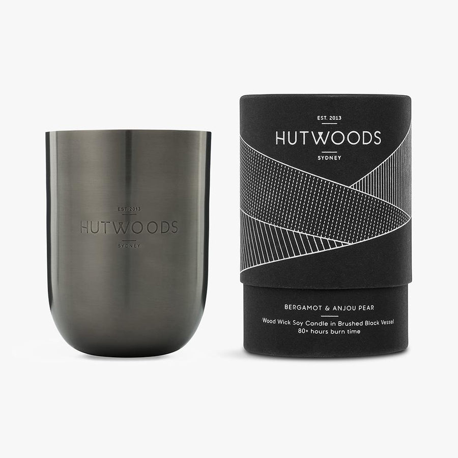Hutwoods Bergamot & Anjou Pear wood wick candle in brushed black Jar with seeded paper to grow a herb - 80 hours long lasting burn time 