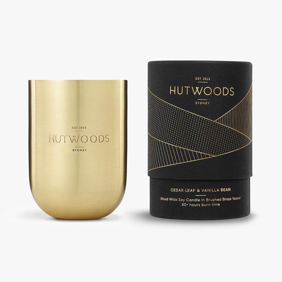 Hutwoods Cedarleaf & Vanilla Bean wood wick candle in brushed brass Jar with seeded paper to grow a herb - 80 hours long lasting burn time 