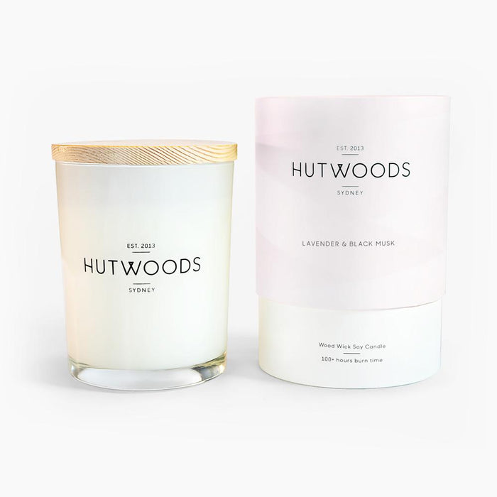 Hutwoods Large Lavender and Black Musk scented Wood Wick Natural Soy Wax Candle - Burn time 100 hours longer lasting