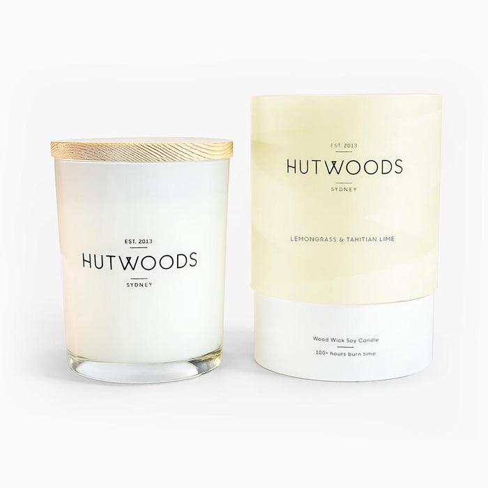 Hutwoods Large Lemongrass & Tahitian Lime scented Wood Wick Natural Soy Wax Candle - Burn time 100 hours longer lasting