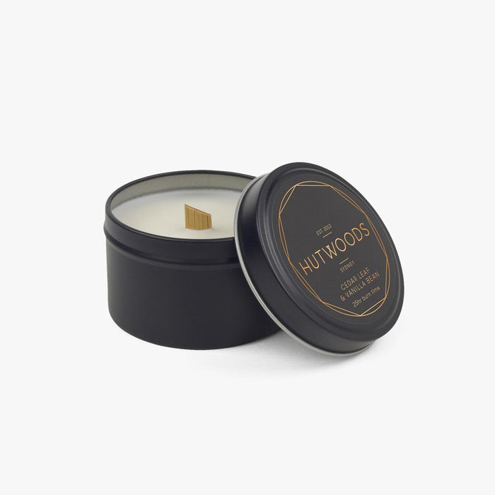 Hutwoods Luxury Black Travel Tin Cedar Leaf and Vanilla Bean scented Wood Wick 100% Natural Soy Wax Candle - Burn time 25 hours longer lasting