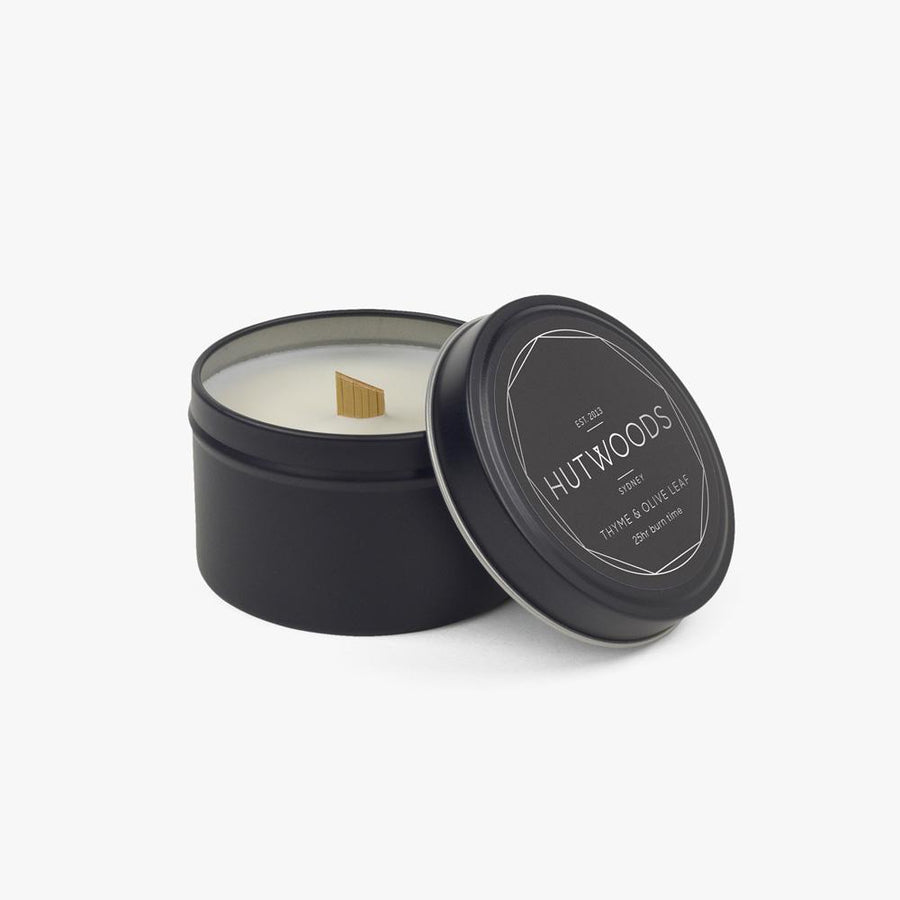 Hutwoods Luxury Black Travel Tin Thyme and Olive Leaf scented Wood Wick 100% Natural Soy Wax Candle - Burn time 25 hours longer lasting