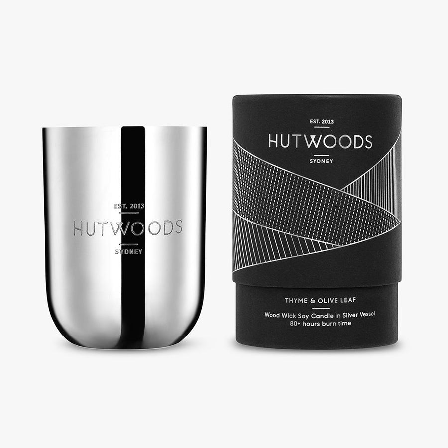 Hutwoods Luxury Thyme and Olive leaf wood wick candle in silver Jar with seeded paper to grow a herb - 80 hours long lasting burn time 