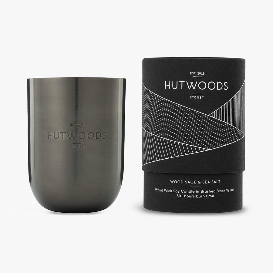 Hutwoods Wood Sage and Sea Salt wood wick candle in brushed black Jar with seeded paper to grow a herb - 80 hours long lasting burn time 