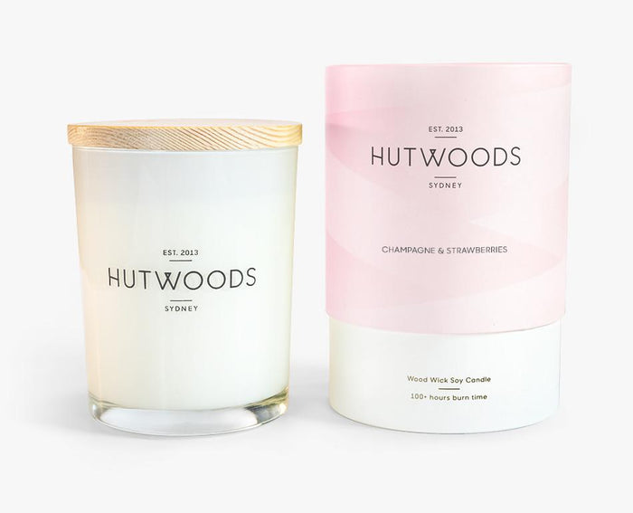 Hutwoods Large Champagne and Strawberries scented Wood Wick Natural Soy Wax Candle - Burn time 100 hours longer lasting