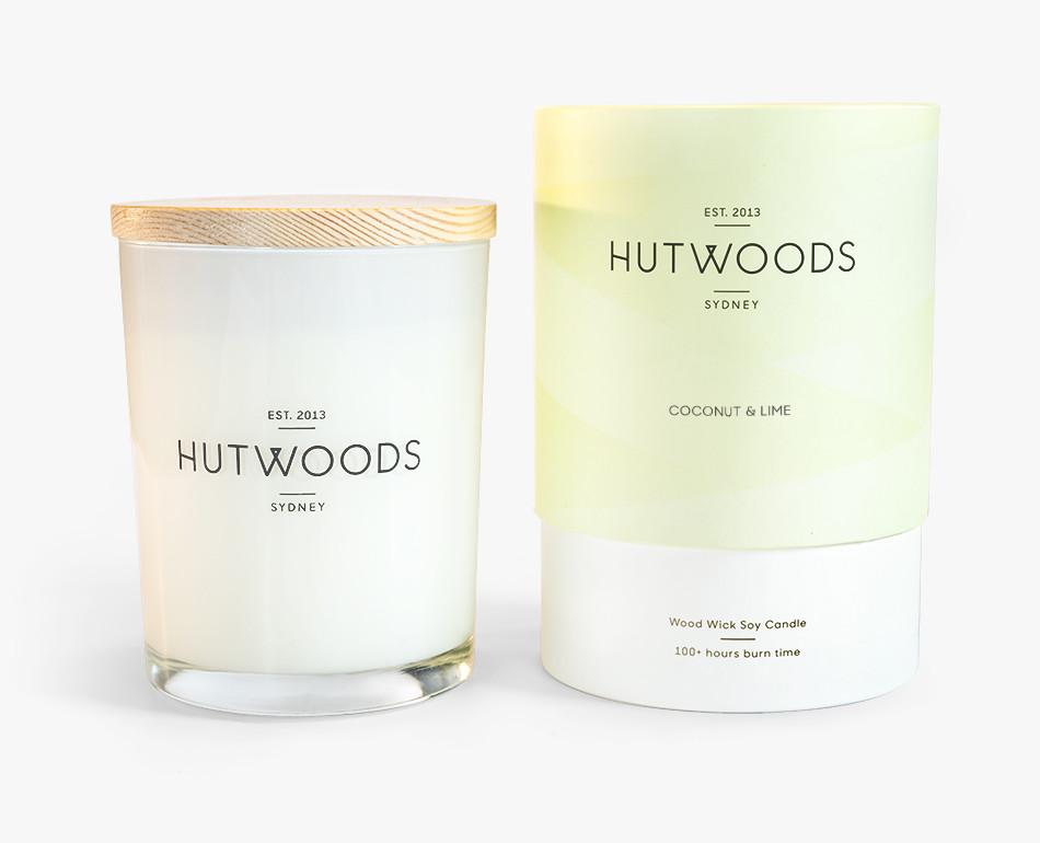 Hutwoods Large Coconut and Lime scented Wood Wick Natural Soy Wax Candle - Burn time 100 hours longer lasting