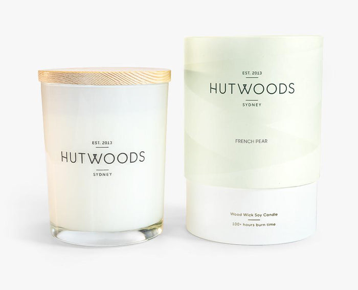 Hutwoods Large French Pear scented Wood Wick Natural Soy Wax Candle - Burn time 100 hours longer lasting