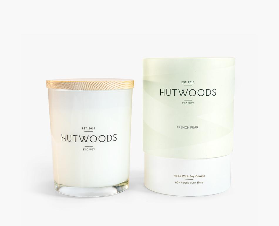 Hutwoods Medium French Pear scented Wood Wick Natural Soy Wax Candle - Burn time 60 hours longer lasting