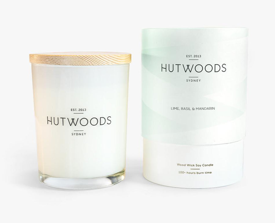 Hutwoods Large Lime, Basil and Mandarin scented Wood Wick Natural Soy Wax Candle - Burn time 100 hours longer lasting