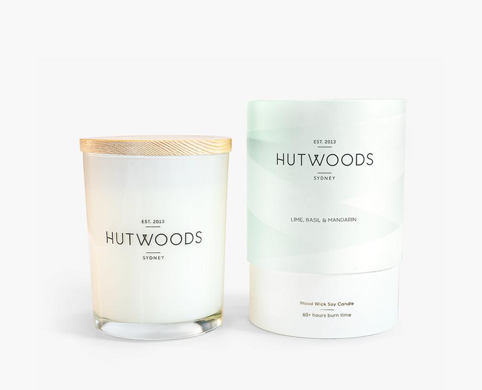 Hutwoods Medium Lime, Basil and Mandarin scented Wood Wick Natural Soy Wax Candle - Burn time 60 hours longer lasting