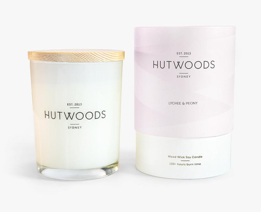 Hutwoods Large Lychee and Peony scented Wood Wick Natural Soy Wax Candle - Burn time 100 hours longer lasting