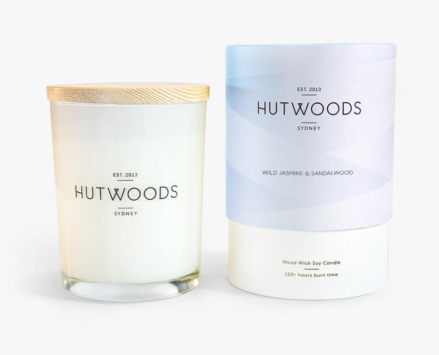 Hutwoods Large Wild Jasmine and Sandalwood scented Wood Wick Natural Soy Wax Candle - Burn time 100 hours longer lasting