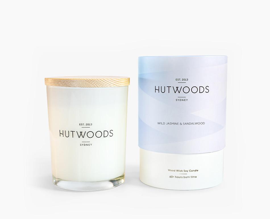 Hutwoods Medium Wild Jasmine and Sandalwood scented Wood Wick Natural Soy Wax Candle - Burn time 60 hours longer lasting